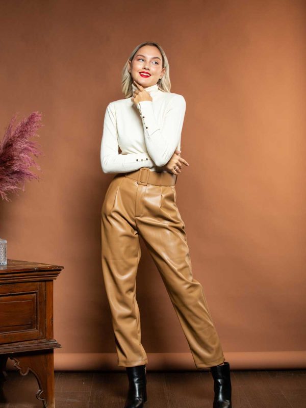 LEATHER-EFFECT FULL LENGTH TROUSERS CAMEL