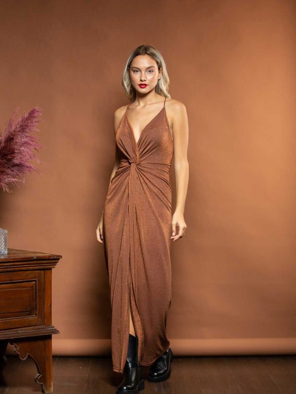 LONG DRESS WITH LUREX KNOT BROWN