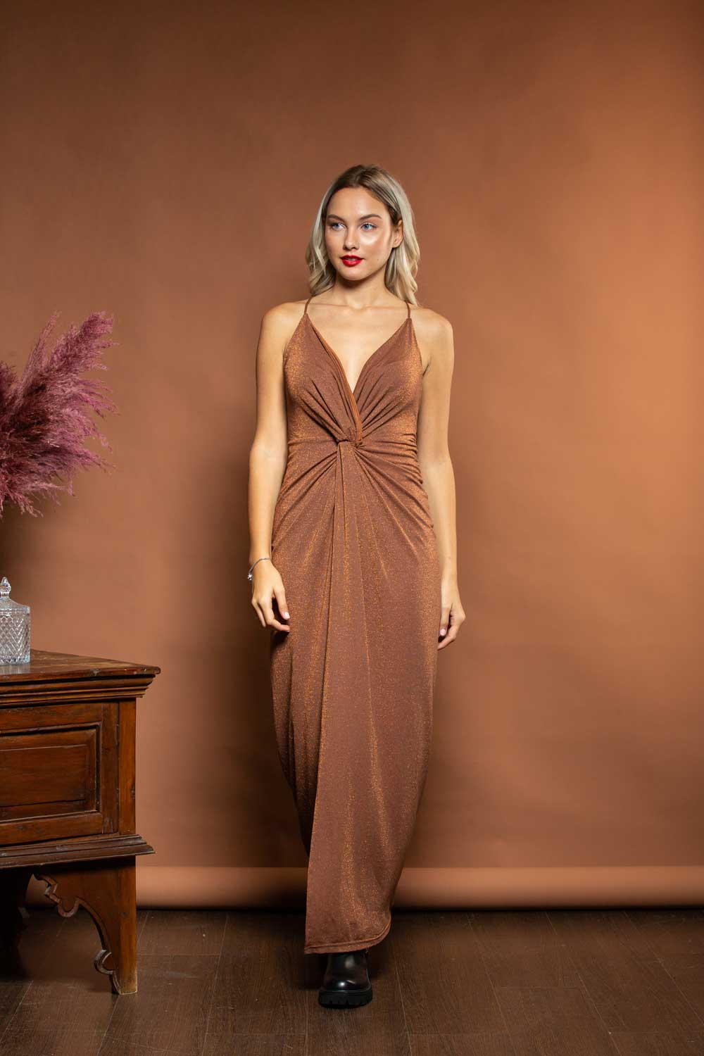 LONG DRESS WITH LUREX KNOT BROWN